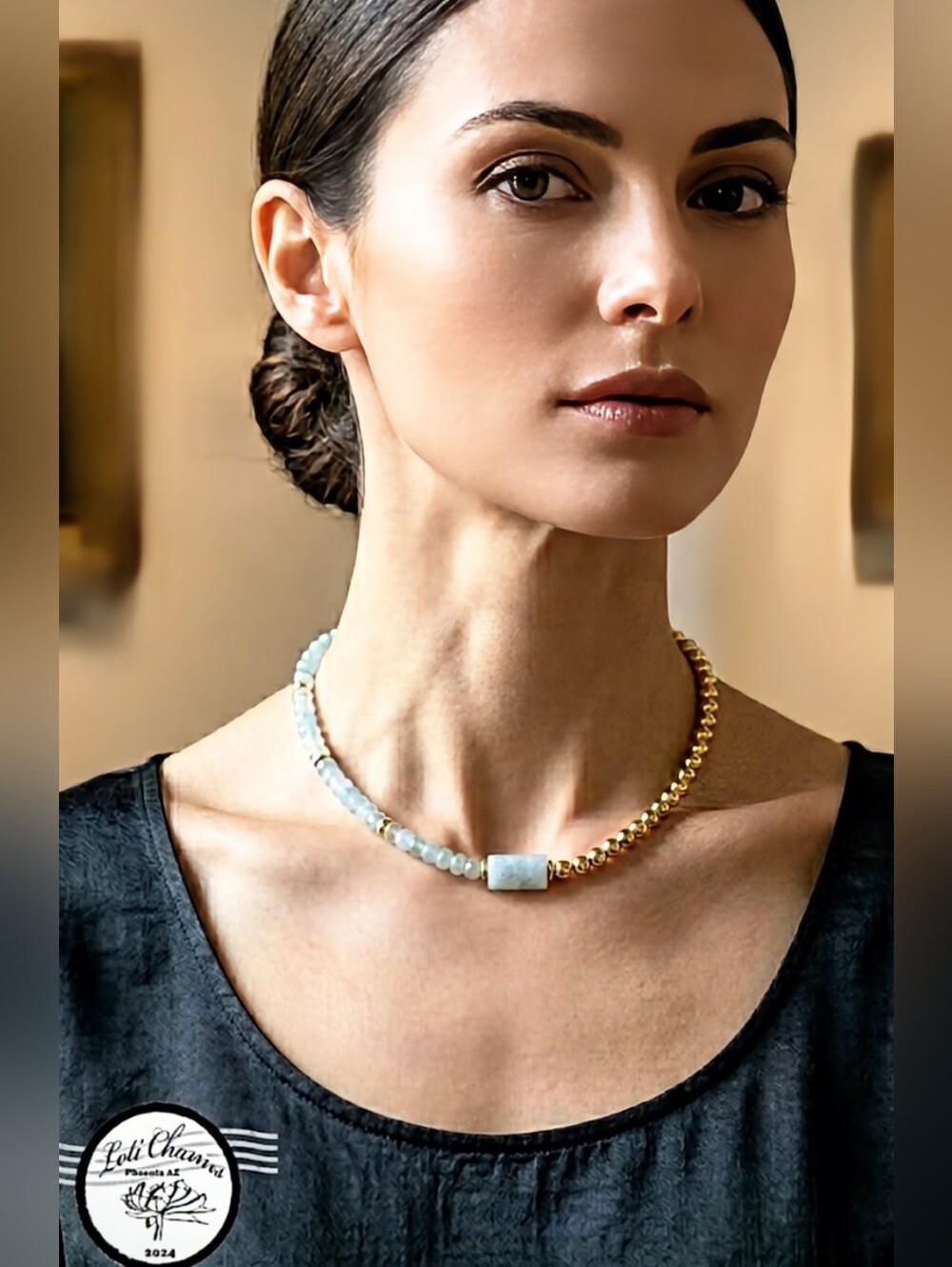 Natural Aquamarine & Gold Beads in Assymetrical Gold Plated Necklace Choker